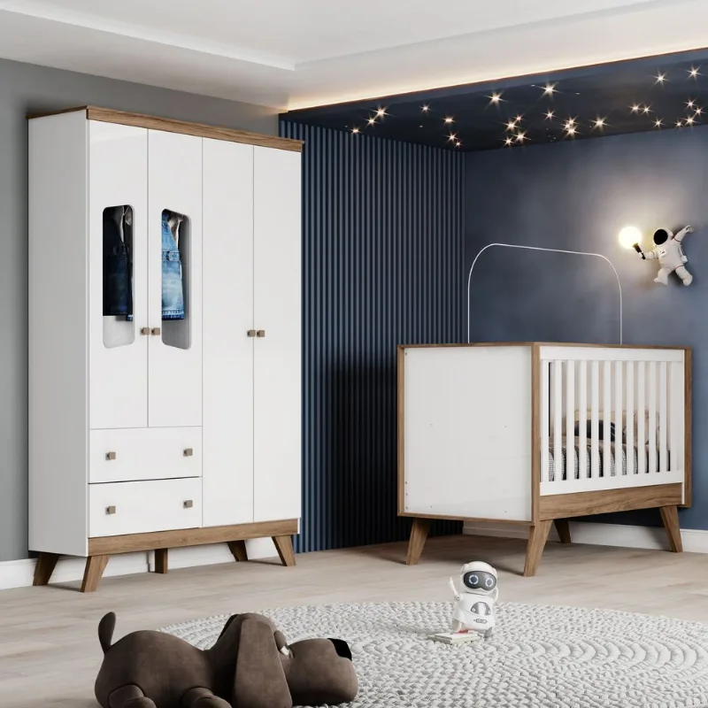Conjunto Quarto de Bebê com Berço Mini Cama 3 em 1 + Guarda Roupas com Portas Janeladas Branco/Jequitibá HP Retrô Confete Branco