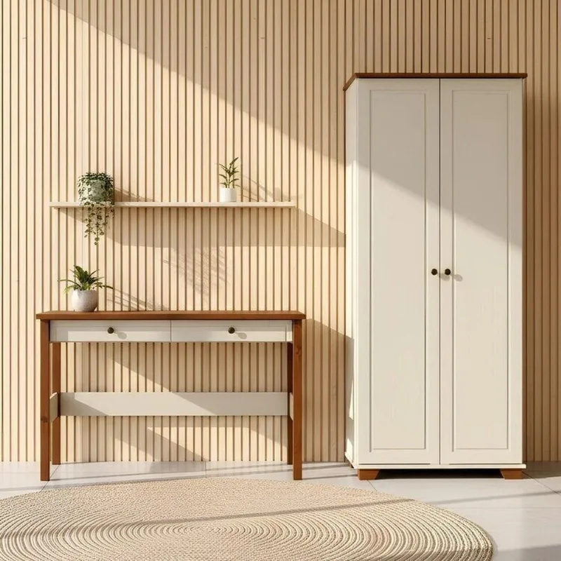 Conjunto 2 Peças Escrivaninha 120cm 2 Gavetas e Armário Multiuso Ananda CabeCasa MadeiraOriginals Off White/Mel