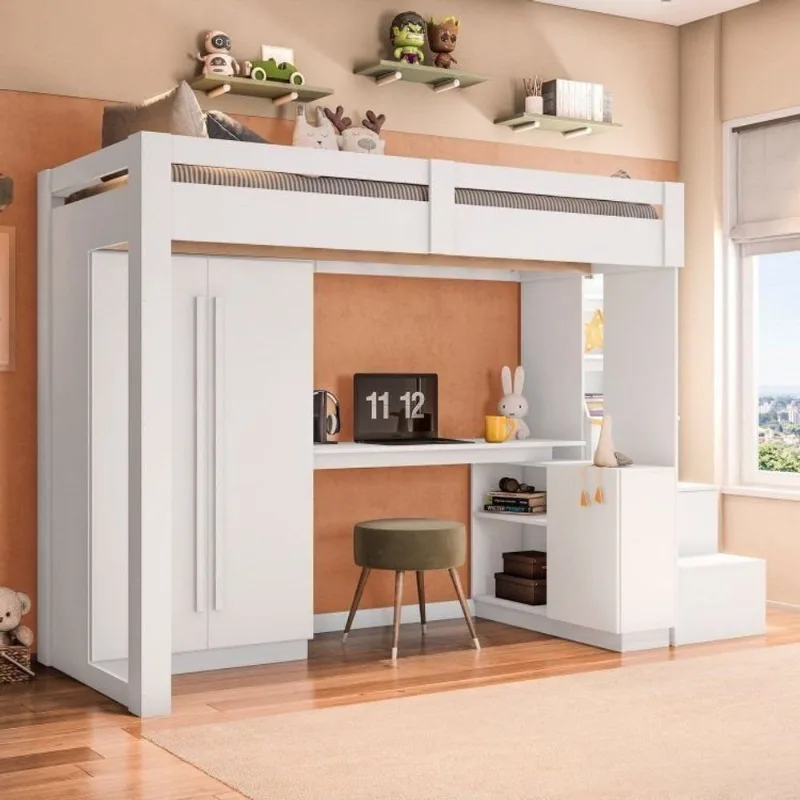 Cama Alta Beliche Office Infantil/Juvenil com Roupeiro e Escrivaninha Moon Yescasa Branco Branco