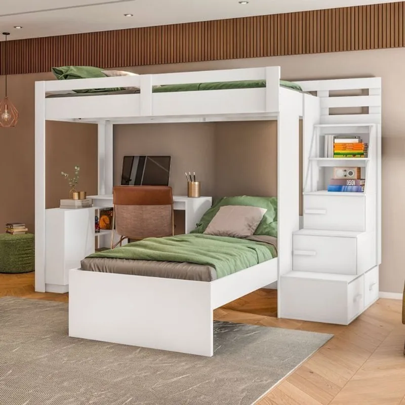 Beliche Office Adulto Moon com Escrivaninha em L Nichos e Escada 2 Portas e 2 Gavetas Yescasa Branco Branco