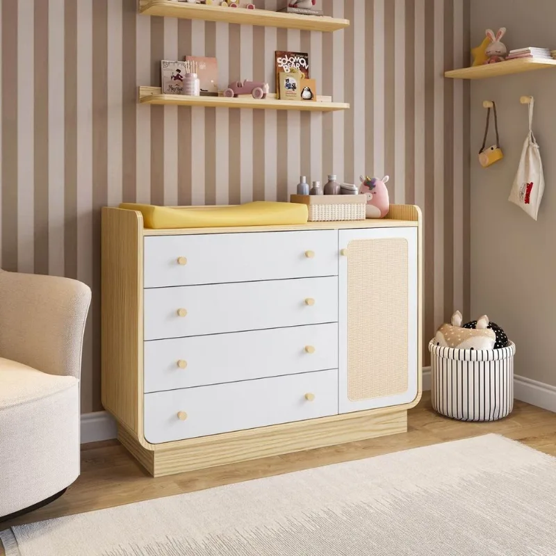Cômoda 4 Gavetas e 1 Porta em Rattan Wave Casatema Marrom/Branco Natural/Branco