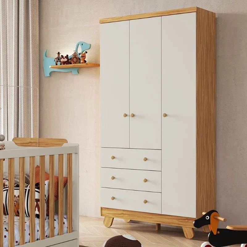 Guarda-Roupa Infantil 3 Portas 3 Gavetas 92cm Levy Espresso Móveis Bege/Amêndoa/Off White Amêndoa/Off White