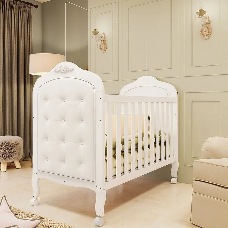 Berço Minicama 3 em 1 com Capitonê 100% MDF Maya Espresso Móveis Branco Brilho/Corino Branco Brilho/Corino Branco