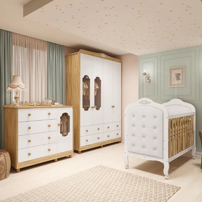 Quarto de Bebê com Guarda-Roupa Cômoda e Berço com Capitonê Maya Provençal 100% MDF Yescasa Branco/B Branco Brilho/Amêndoa
