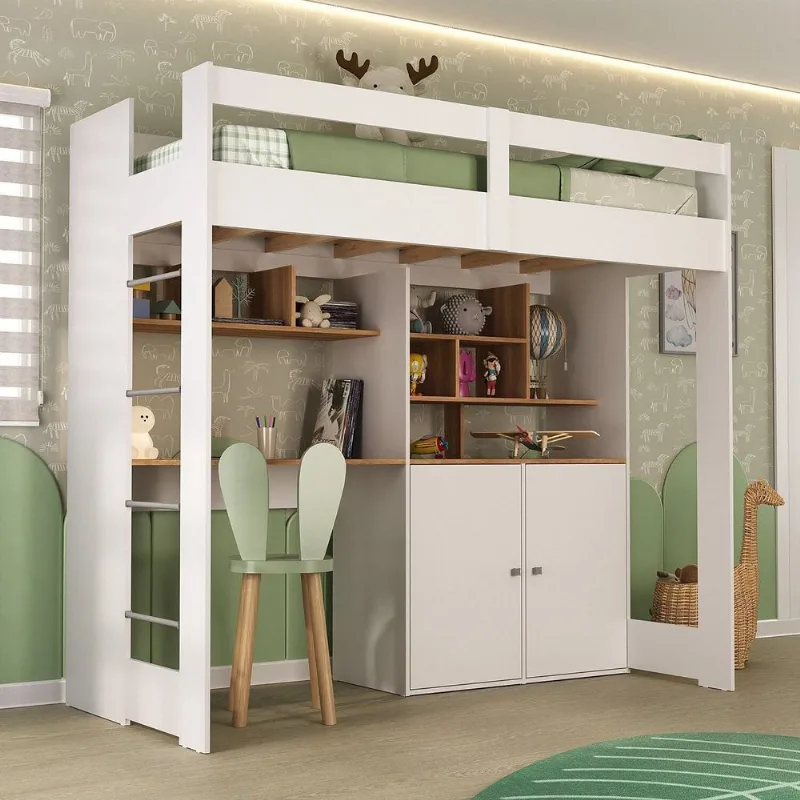 Cama Alta Infantil Juvenil 2 Portas com Escrivaninha Multifuncional Zwork Yescasa Branco/Nogal Branco/Nogal