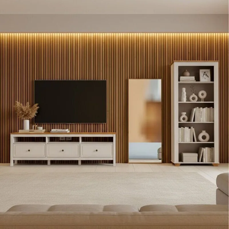 Conjunto de Sala 3 Peças com 1 Rack, 1 Estante e 1 Espelho Ananda CabeCasa MadeiraOriginals Off White/Mel