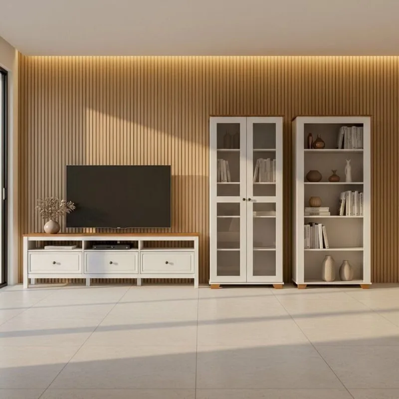 Conjunto de Sala 3 Peças com 1 Rack, 1 Cristaleira e 1 Estante Ananda CabeCasa MadeiraOriginals Off White/Mel
