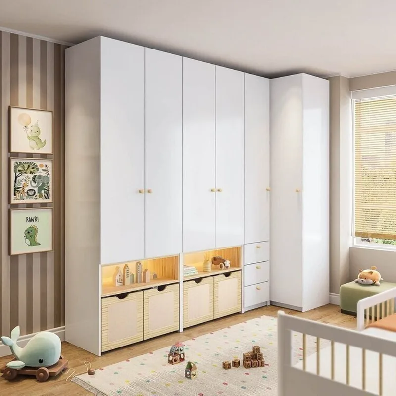Guarda-Roupa Modulado Infantil com LED 4 Peças 6 Portas Wave Casatema Branco/Marrom Branco/Natural