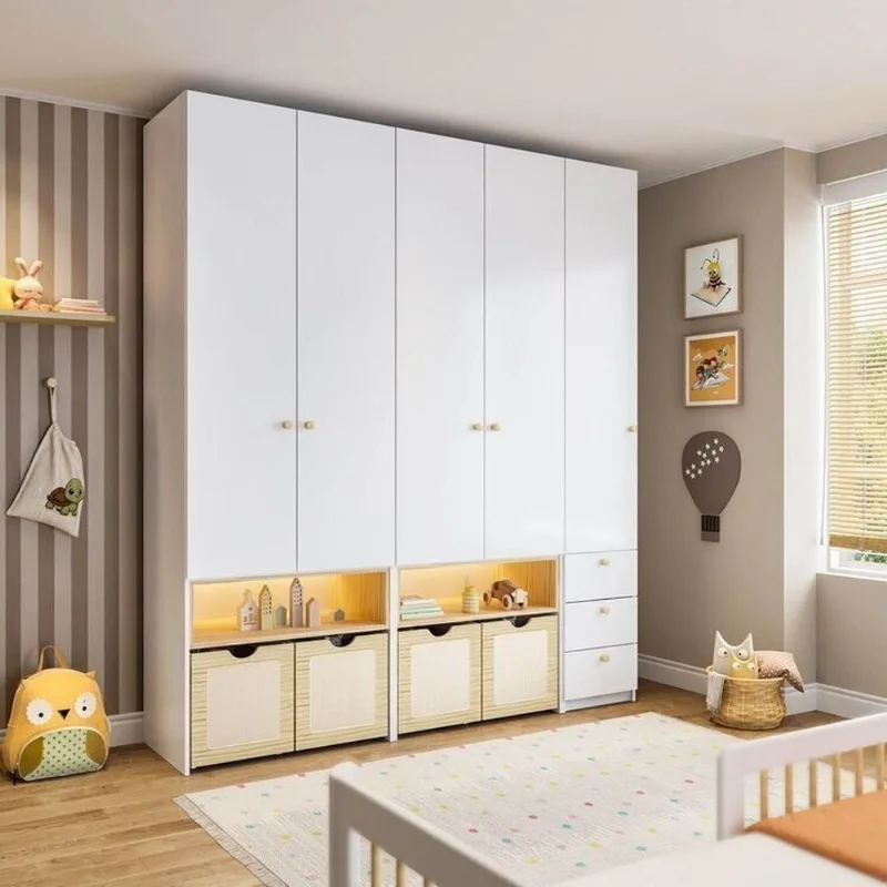 Guarda-Roupa Modulado Infantil com LED 3 Peças 5 Portas Wave Casatema Branco/Marrom Branco/Natural
