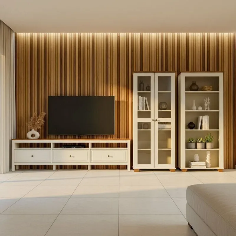 Conjunto de Sala 3 Peças Rack, Estante e Cristaleira Madeira Maciça Ananda CabeCasa MadeiraOrigina Off White/Mel