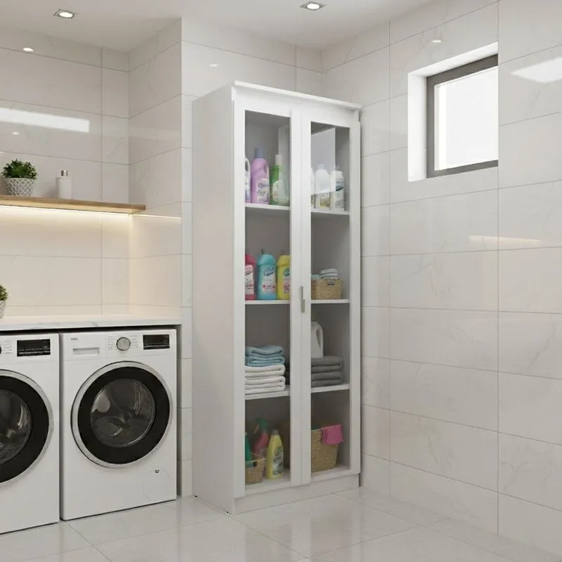Armário Multiuso 60cm Com 2 Portas De Vidro E 3 Prateleiras Am Branco Branco