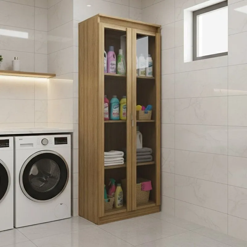 Armário Multiuso 60cm Com 2 Portas De Vidro E 3 Prateleiras Am Marrom/amêndoa Amêndoa