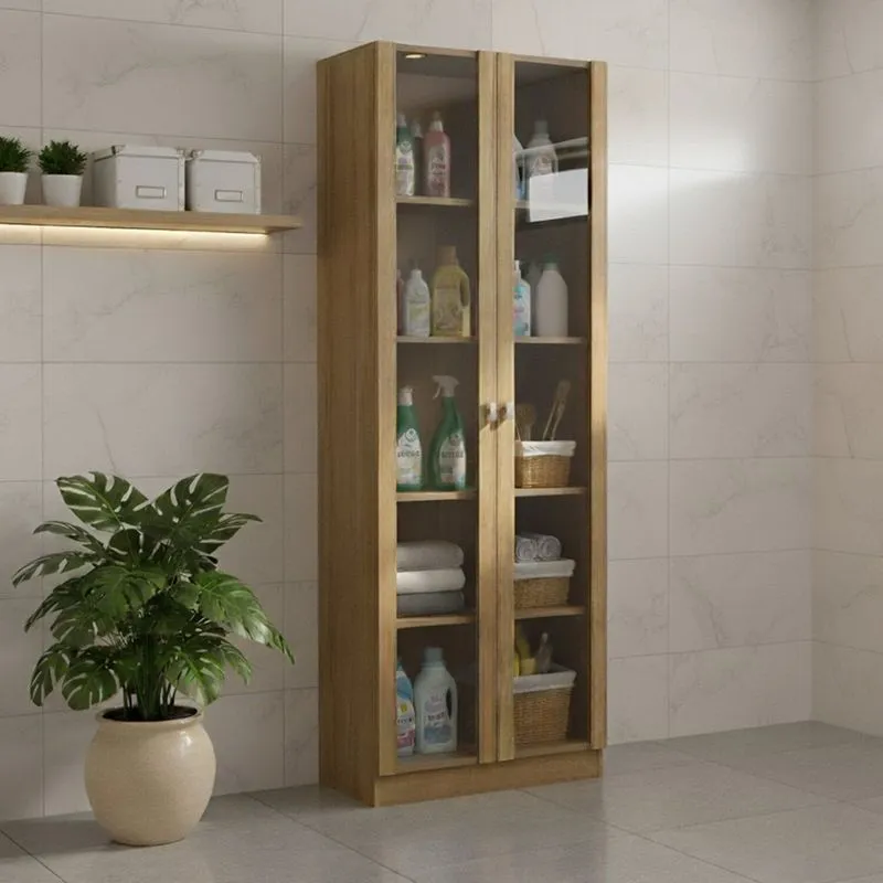 Armário Multiuso 60cm Com 2 Portas De Vidro E 4 Prateleiras Am Marrom/amêndoa Amêndoa