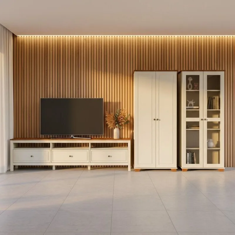 Conjunto de Sala 3 Peças com Rack, Armário e 1 Estante Ananda CabeCasa MadeiraOriginals Branco Off Off White/Mel
