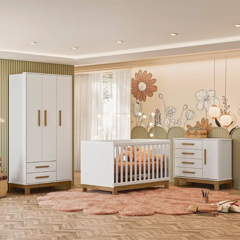 Quarto para Bebê Completo 3 Peças Guarda-Roupa, Cômoda e Berço Encanto Slim Branco/Acetinado Branco Acetinado