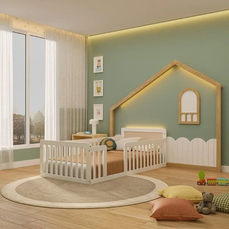 Cama Montessoriana Solteiro Giulia Rattan com Moldura LED New Garden Casatema Branc Branco/Natural