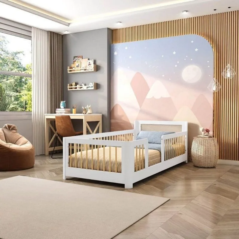 Cama Infantil Solteiro Montessoriano com Rattan Wave Casatema Bege/Branco/Marrom Branco/Natural