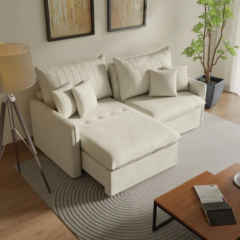 Sofá Cama Casal Retrátil e Reclinável 3 Lugares Veludo Bege Colibri 220cm CabeCasa MadeiraOriginals Bege