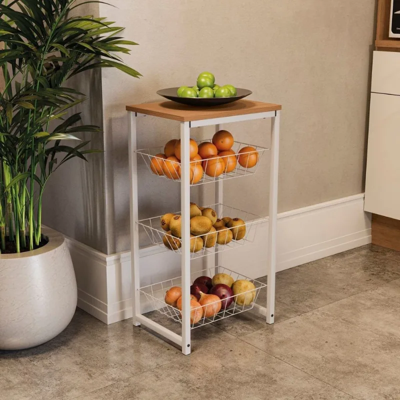Fruteira Para Cozinha Com 3 Cestos 75x39cm Marrom/canela Branco Canela Branco