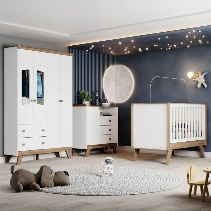 Quarto de Bebê Completo com Berço Mini Cama 3 em 1 + Cômoda + Guarda Roupa com Portas Janeladas Noah Branco/Jequitibá HP Branco/Jequitibá