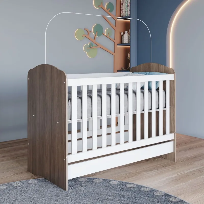 Berço Mini Cama 3 em 1 Rústico/Branco Lápis de Cor Rústico/Branco