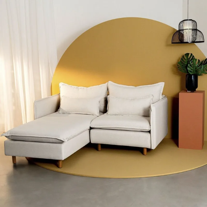 Sofá Modular 2 Lugares com Chaise e Pé Madeira Sôma CabeCasa MadeiraOriginals Bege Natural Natural