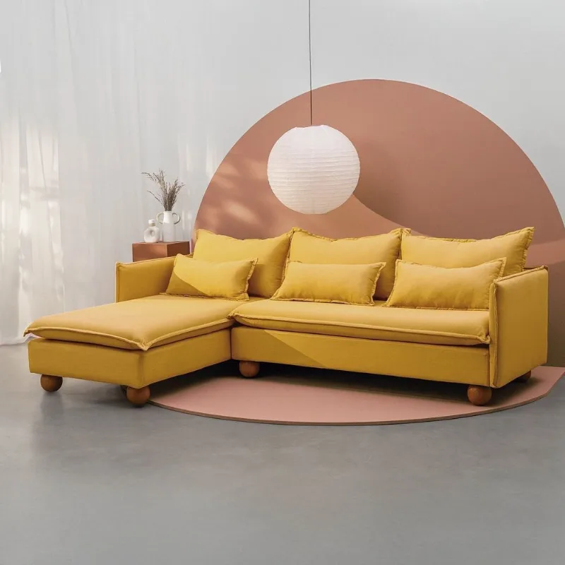 Sofá Modular 3 Lugares com Chaise e Pé Bolinha Sôma CabeCasa MadeiraOriginals Amarelo Mostarda Mostarda