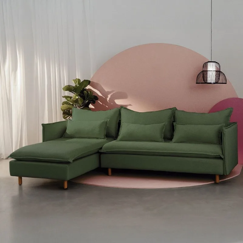 Sofá Modular 3 Lugares com Chaise e Pé Madeira Sôma CabeCasa MadeiraOriginals Verde Verde