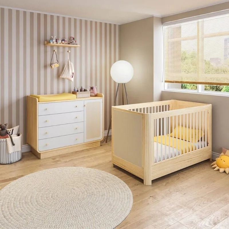 Conjunto Modulado Quarto de Bebê com Berço, Cômoda e Prateleira com Cabideiros Wave Casatema Made Branco/Natural