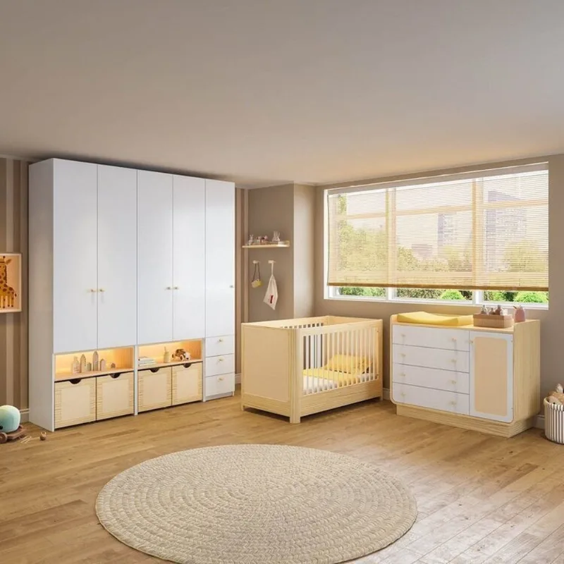 Conjunto Infantil com Berço, Cômoda e Guarda Roupas Modulados Wave Casatema Branc Branco/Natural