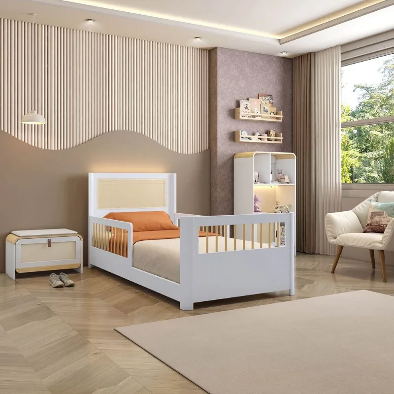 Cama Infantil Montessoriana Reversível LED Rattan e Grade de Proteção Wave Casatema MadeiraOrigin Branco/Natural