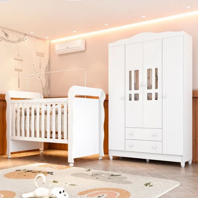 Conjunto Quarto Bebê Berço 3 em 1 Mirelle Guarda Roupa 4 Portas 100% MDF Branco Branco