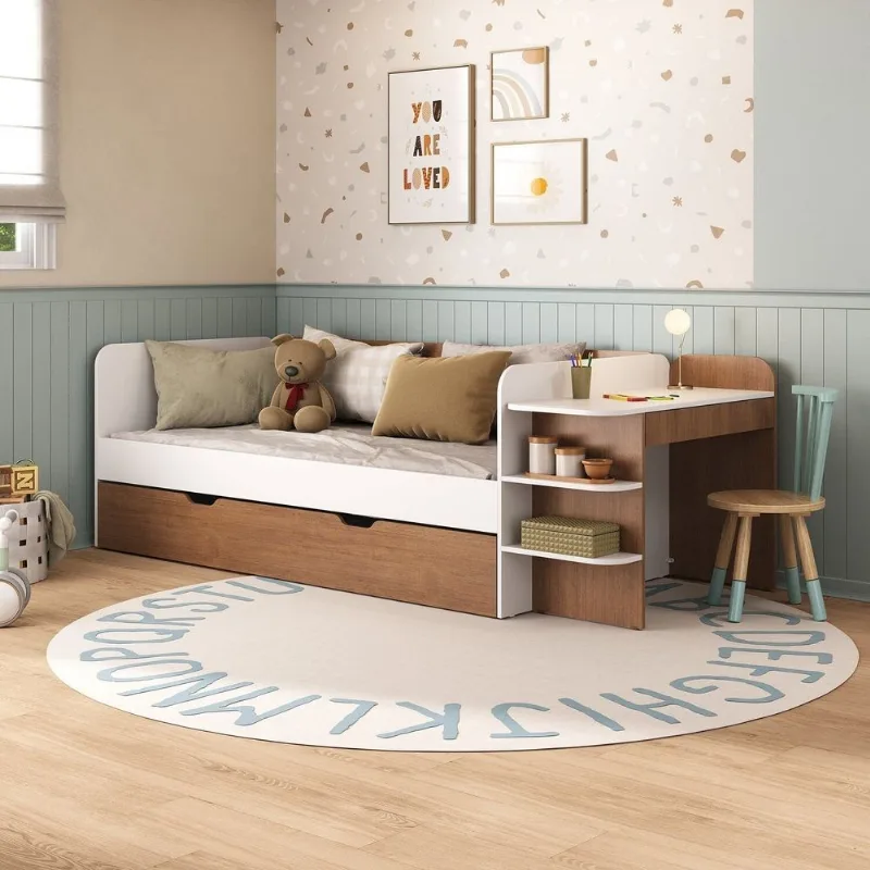 Cama de Solteiro Funcional Infantil com Escrivaninha e Cama Auxiliar 100% MDF Premium Helena Branco/Castanho Branco/ Castanho