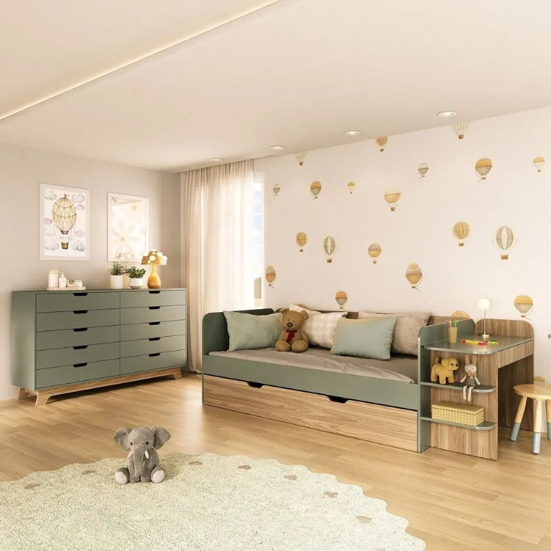 Quarto Infantil Cama de Solteiro 3 em 1 e Cômoda 10 Gavetas em MDF Premium Helena e Alice Verde/Ver Verti/Louro Freijó Grann