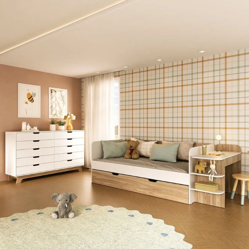 Quarto Infantil Cama de Solteiro 3 em 1 e Cômoda 10 Gavetas em MDF Premium Helena e Alice Branco/Lo Louro Freijó Grann/ Branco