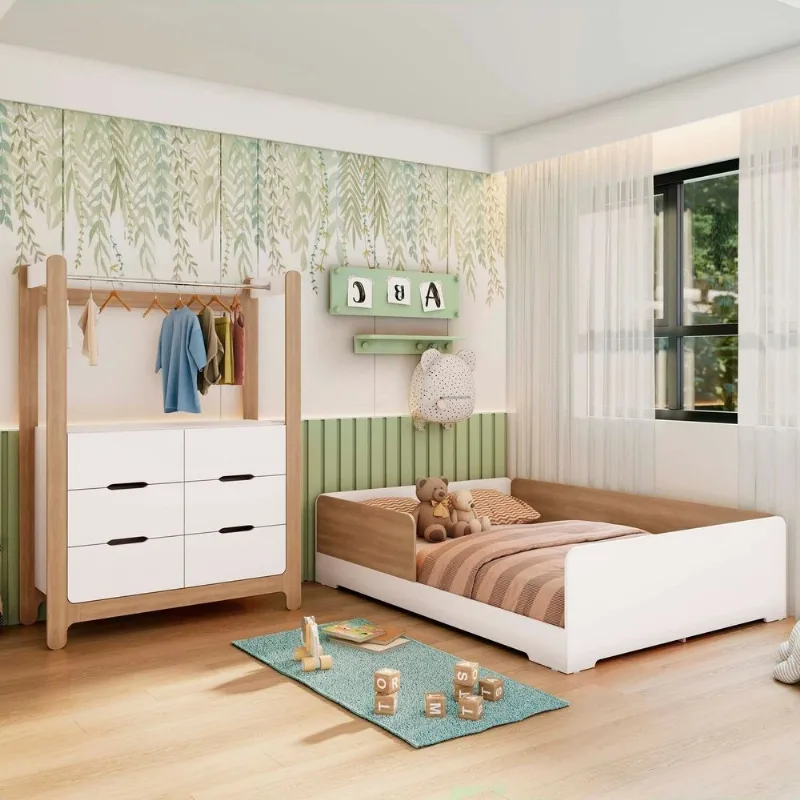 Quarto Infantil Completo Guarda-Roupa Closet e Cama Casal Montessoriana 100% MDF Olivia e Mark Branc Branco/ Louro Freijó Grann