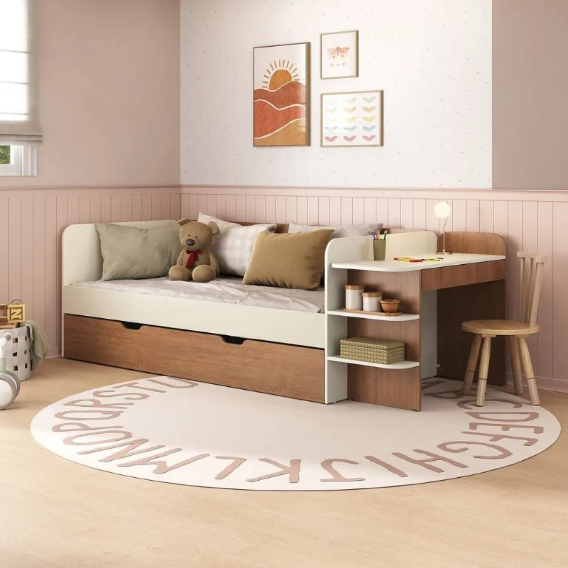 Cama de Solteiro Funcional Infantil com Escrivaninha e Cama Auxiliar 100% MDF Premium Helena Marrom/Off White/Castanho Off White/ Castanho