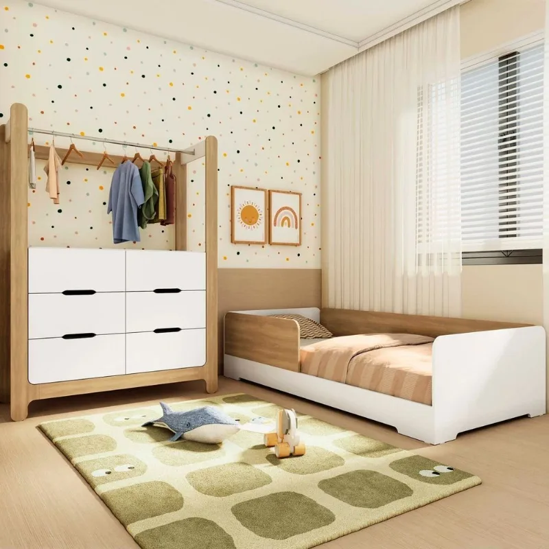 Quarto Infantil Completo Guarda-Roupa Closet e Cama Solteiro Montessoriana Olivia e Mark Branco/Lour Branco/ Louro Freijó Grann