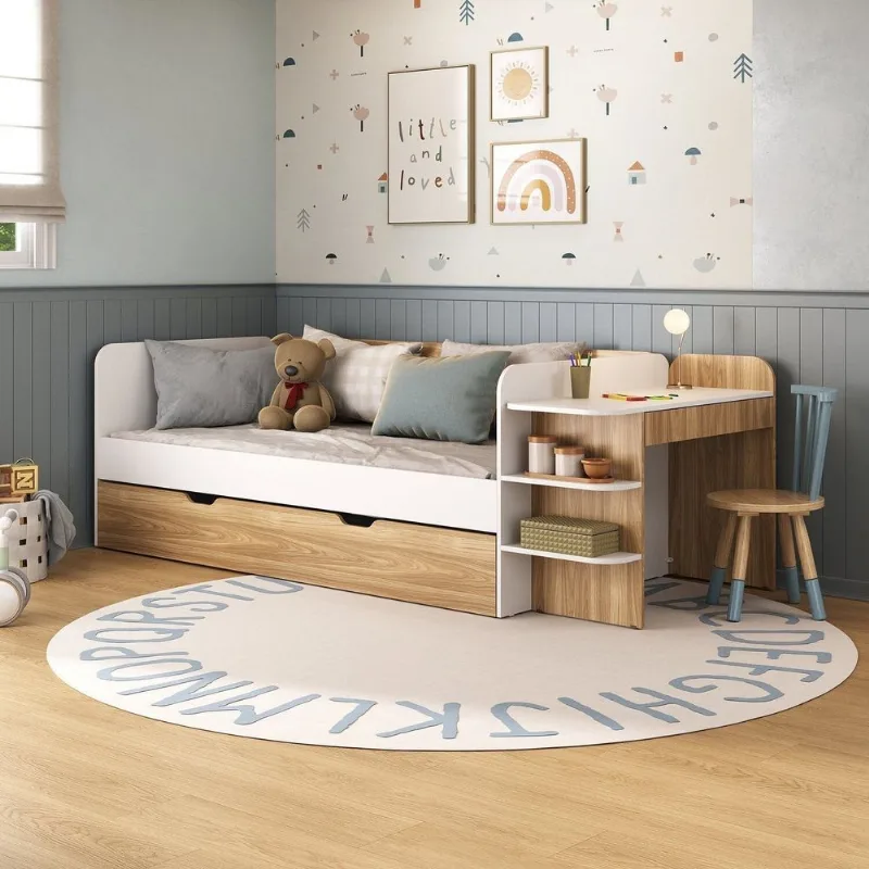 Cama de Solteiro Funcional Infantil com Escrivaninha e Cama Auxiliar 100% MDF Premium Helena Marrom/ Branco/ Louro Freijó Grann
