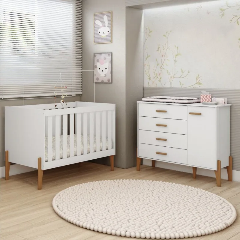 Quarto de Bebê com Cômoda e Berço Mini Cama 100% MDF Retrô Acetinado Atóxico Liris Branco
