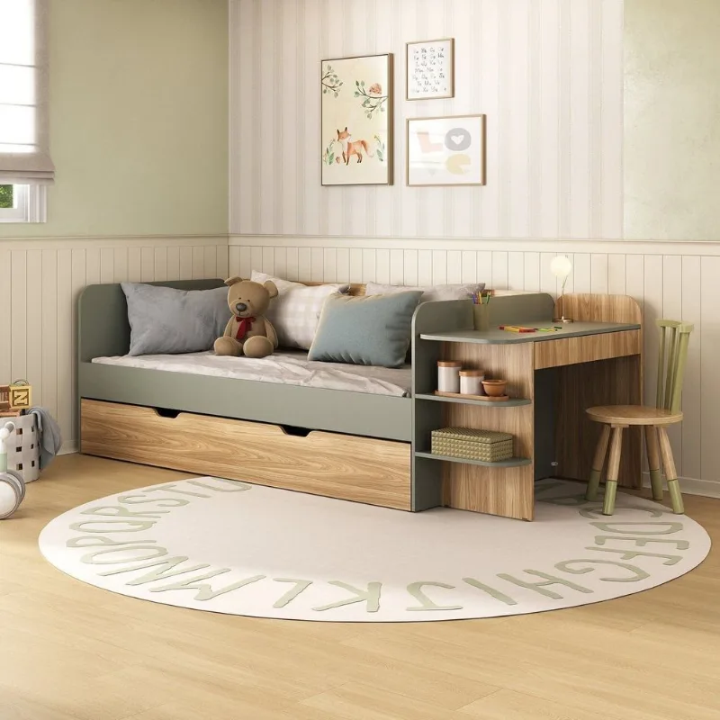 Cama de Solteiro Funcional Infantil com Escrivaninha e Cama Auxiliar 100% MDF Premium Helena Marrom/ Verti/Louro Freijó Grann