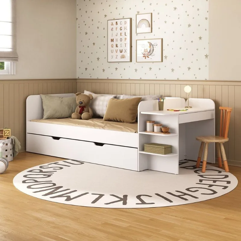 Cama de Solteiro Funcional Infantil com Escrivaninha e Cama Auxiliar 100% MDF Premium Helena Branco Branco