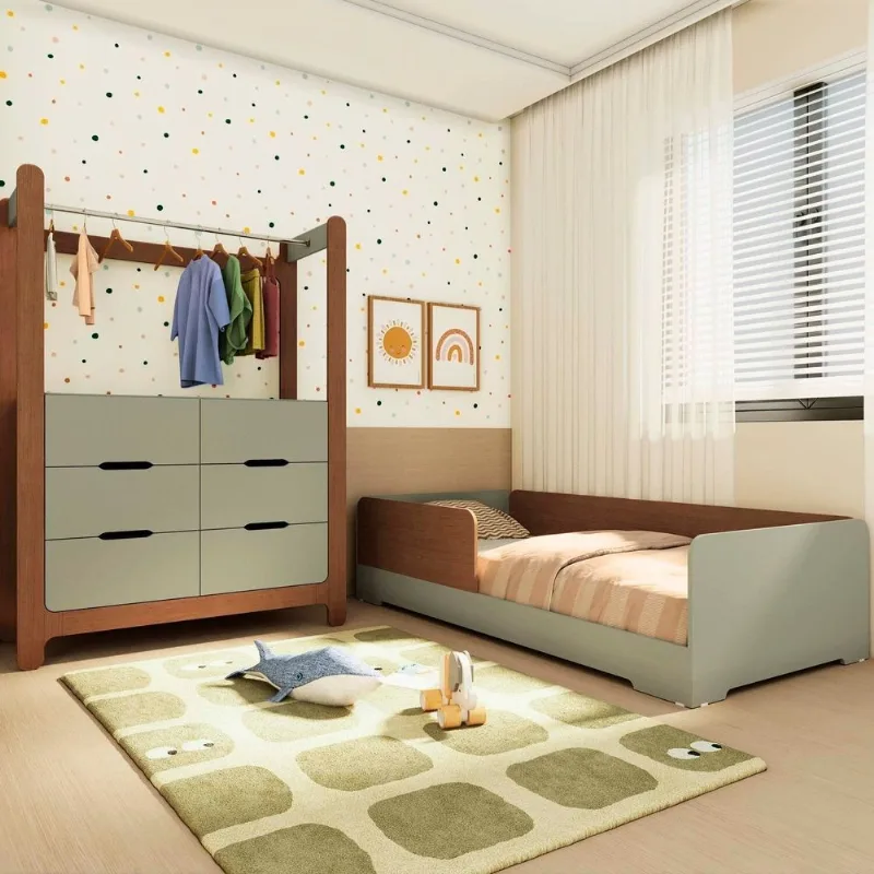 Quarto Infantil Completo Guarda-Roupa Closet e Cama Solteiro Montessoriana 100% MDF Olivia e Mark Ve Verti/ Castanho