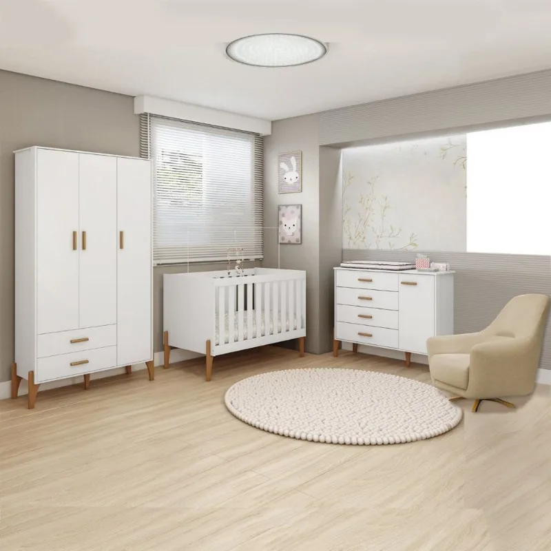 Quarto de Bebê Completo 100% MDF Guarda-Roupa Cômoda Berço Mini Cama Poltrona de Amamentação Liris Branco
