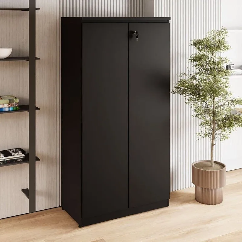 Armário Alto 160cm Para Escritório 2 Portas Com Chave Corporate F5 Preto Preto