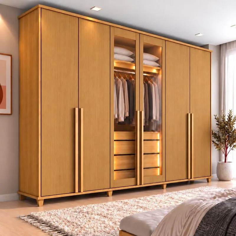 Guarda-roupa Casal Reflecta 6 Portas 4 Gavetas Com Led Cinamomo Bélgica Cinamomo