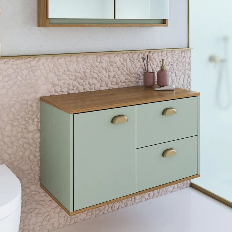 Gabinete De Banheiro 80cm 100% Mdf Com 1 Porta E 2 Gavetas Sem Cuba Lívia Yescasa Verde/freijó/mosca Freijó/moscatel