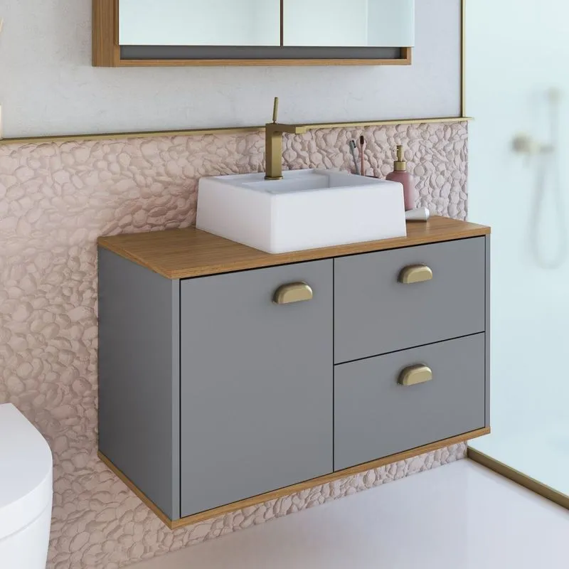 Gabinete De Banheiro 80cm 100% Mdf Com 1 Porta E 2 Gavetas Com Cuba Lívia Yescasa Cinza/freijó/urbi Freijó/urbi