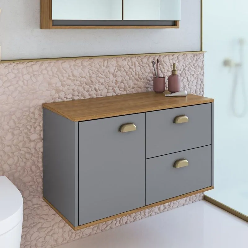 Gabinete De Banheiro 1 Porta 2 Gavetas 100% Mdf 80cm Sem Cuba Lívia Yescasa Cinza/freijó/urbi Freijó/urbi