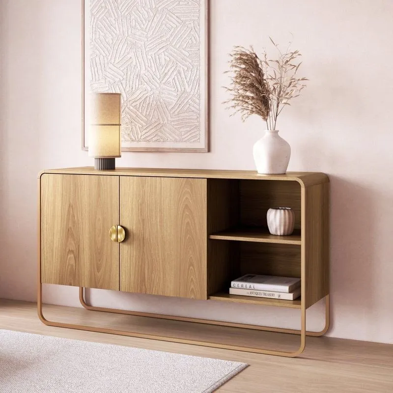 Balcão Buffet 135cm 2 Portas Orgânico Pé Metal Luna Bege/hanover/dourado Hanover/dourado